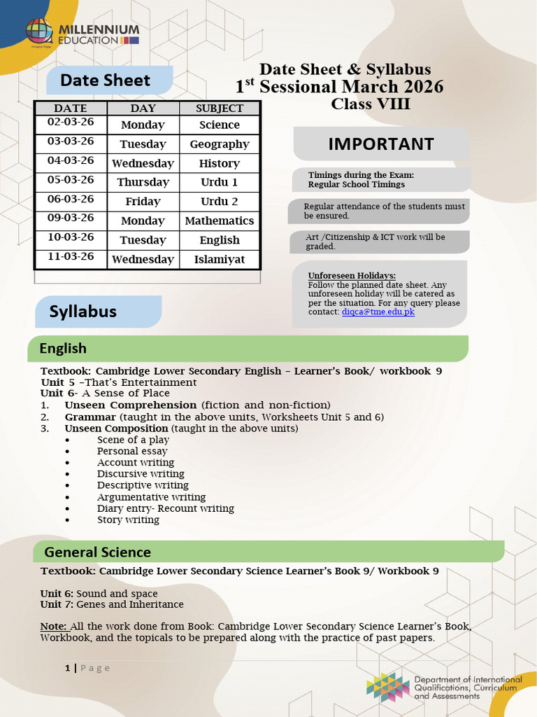 Grade 8 Date Sheet & Syllabus 1st Sessional March 2026 | PDF