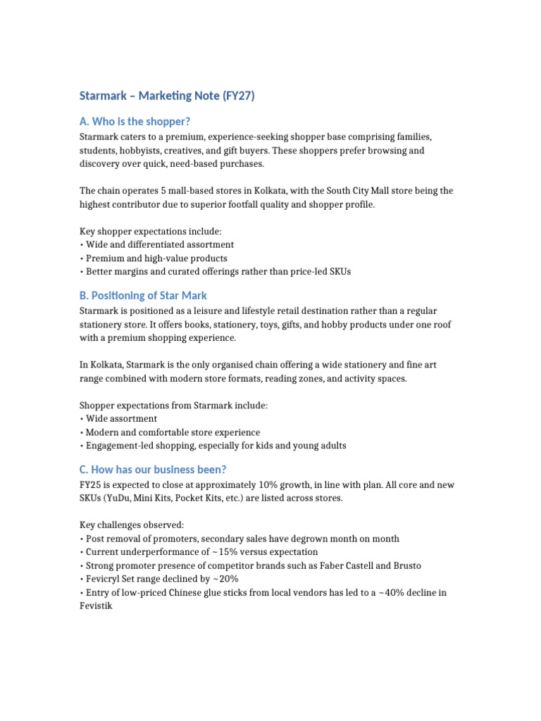 Starmark Marketing Note FY27 Reworked | PDF | Hobbies | Marketing