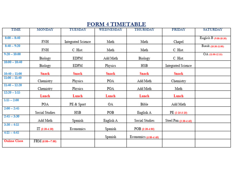 Form 4 Timetable-September 2025 | PDF