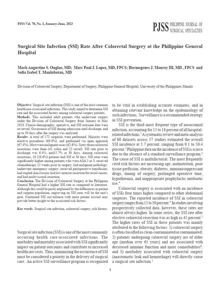 Surgical Site Infection SSI Rate After Colorectal Surgery at The ...
