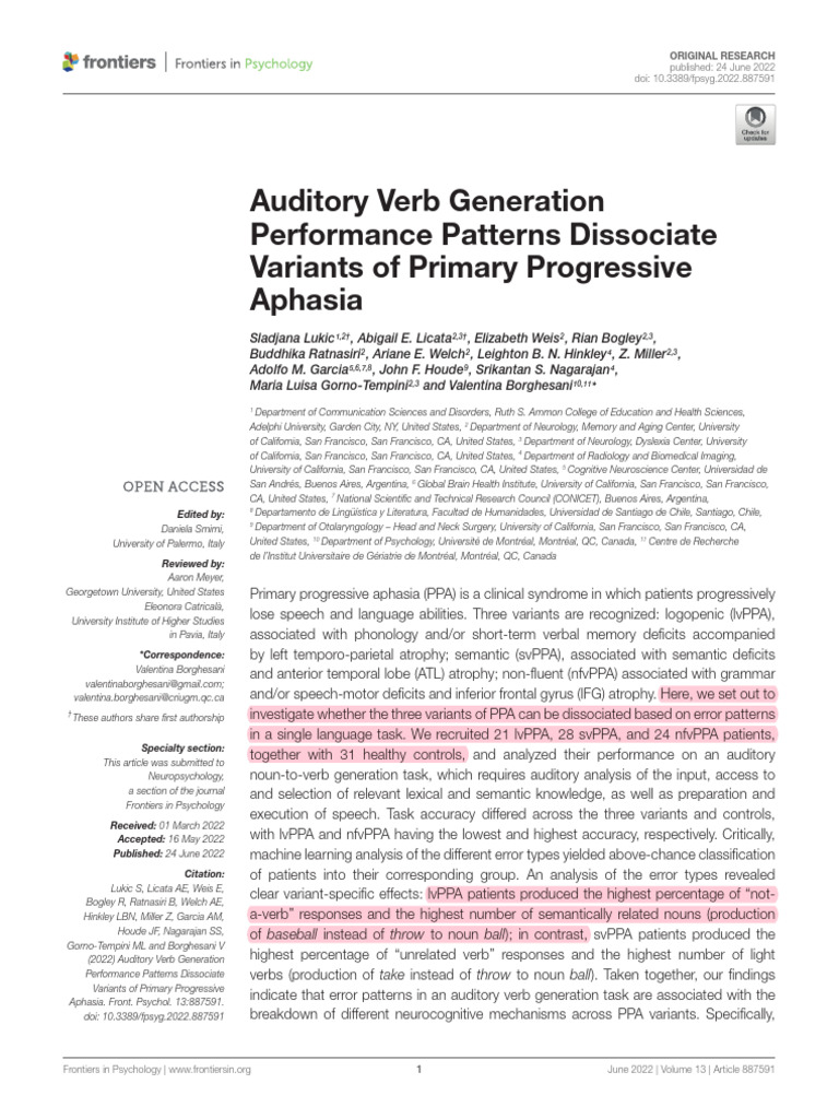 Auditory Verb Generation Performance Patterns Dissociate Variants of ...