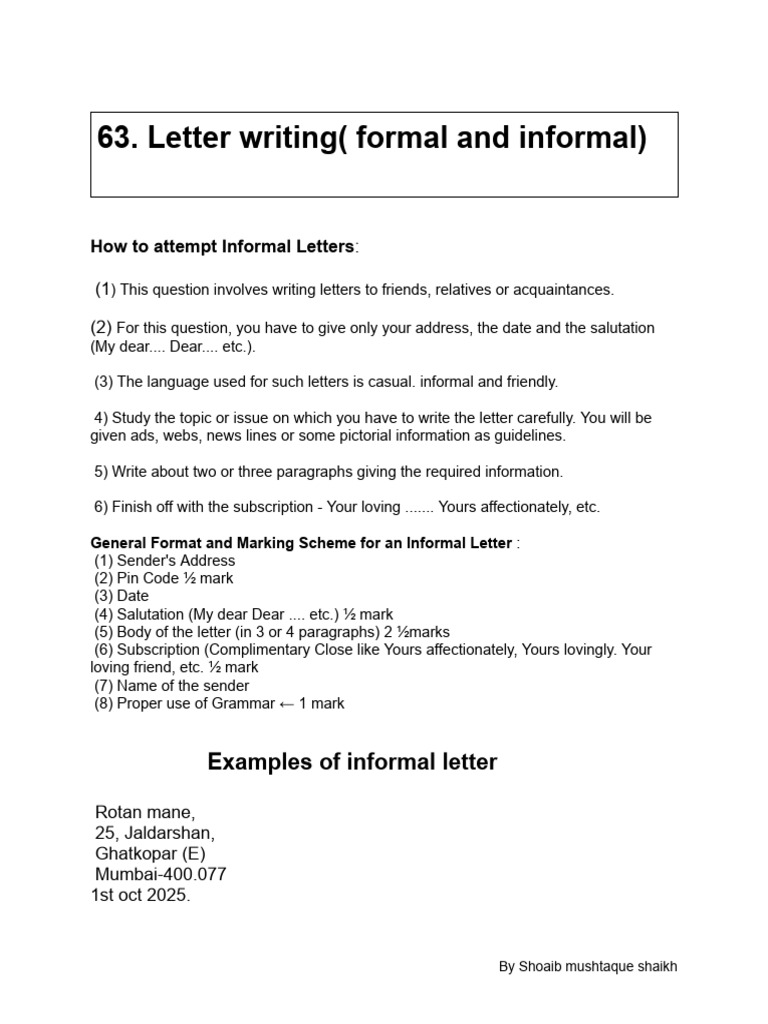 Letter Writing Formal and Informal With Marking Scheme and How To ...