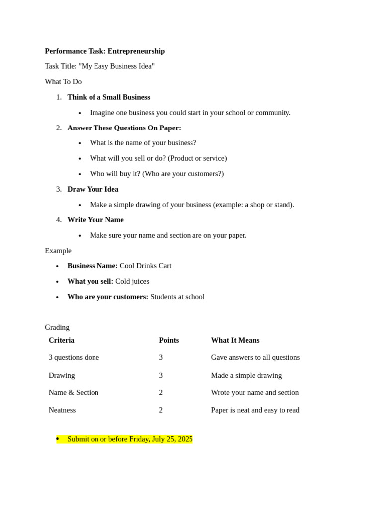 Performance Task Entrepreneurship | PDF