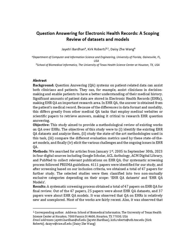 Question Answering For Electronic Health Records: A Scoping Review of ...