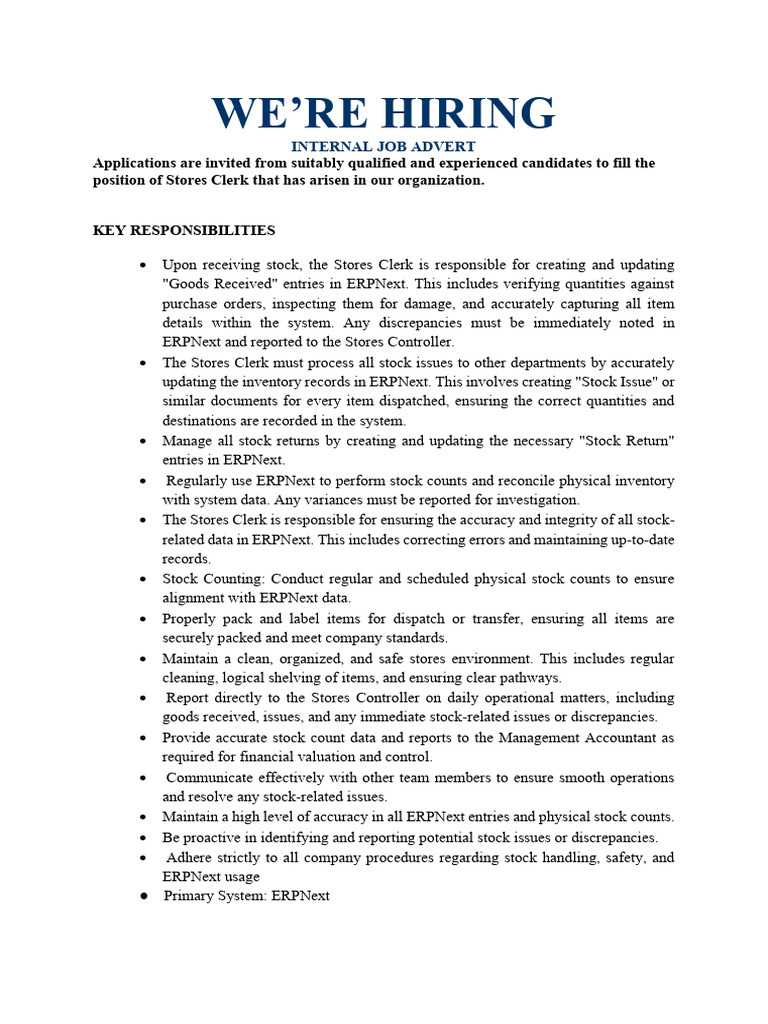 Stores Clerk Internal Job Ad | PDF | Inventory | International ...