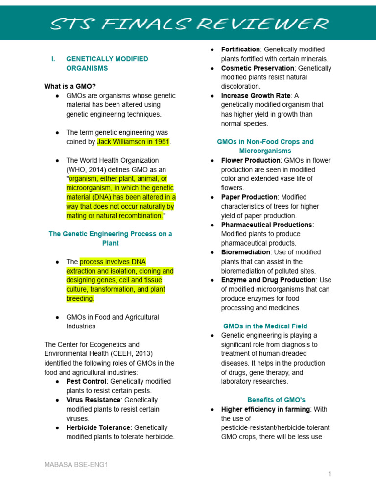 Sts Finals Reviewer - Zoe Mabasa | PDF | Genetically Modified Organism ...