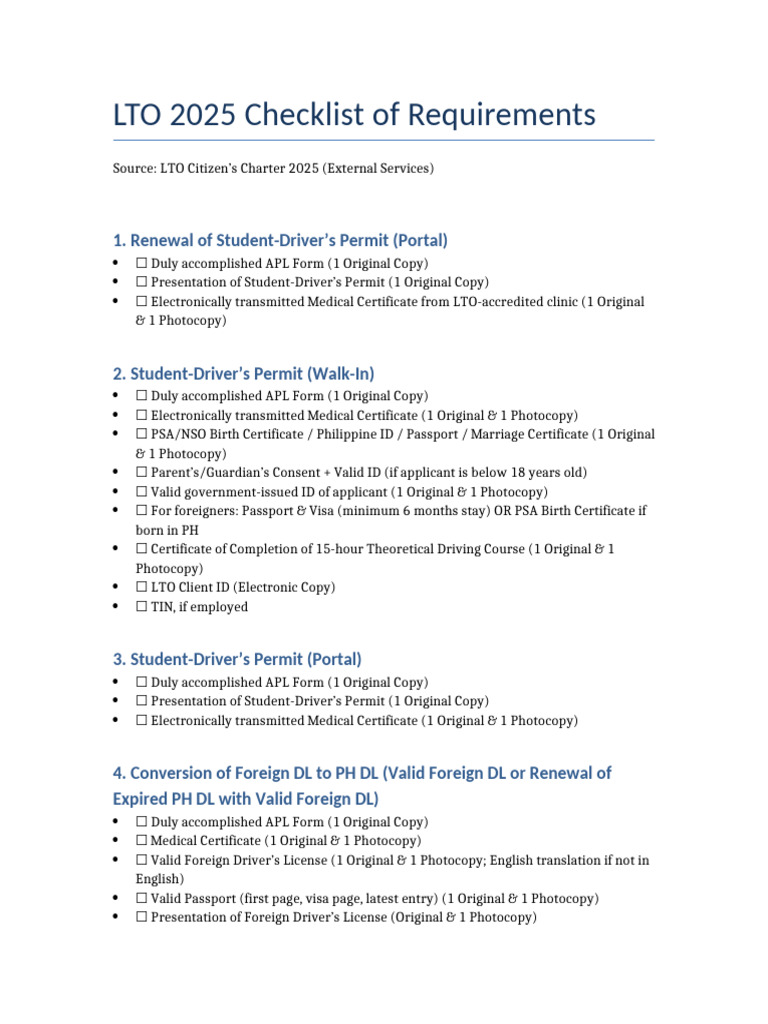 LTO Master Checklist 2025 | PDF | Driver's License | Travel Visa