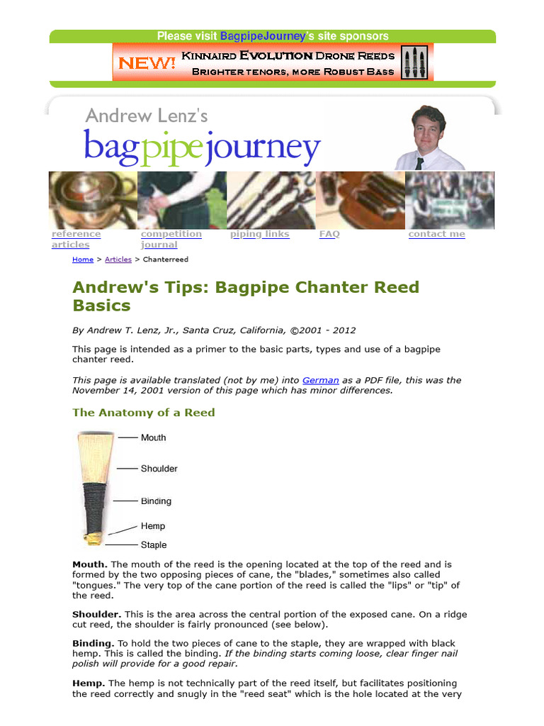 Andrew Lenz's Bagpipe Tips - Bagpipe Chanter Reed Basics | PDF