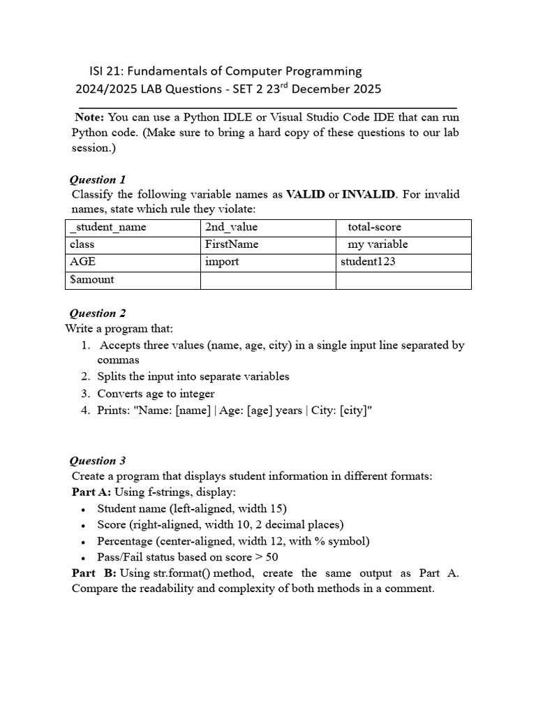 Is 121 Introduction To Programming Python Lab 2 | PDF