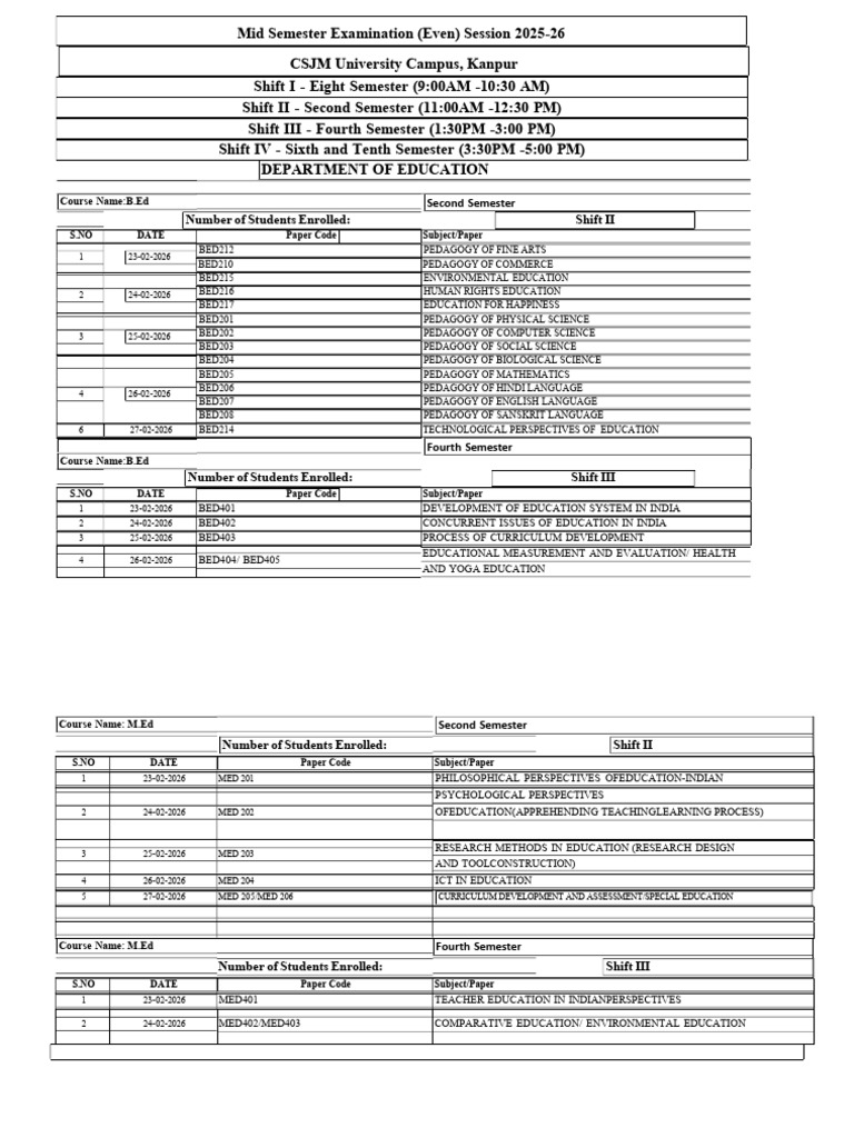 Mid Term Exam Date Sheet 2026 | PDF | Pedagogy | Science