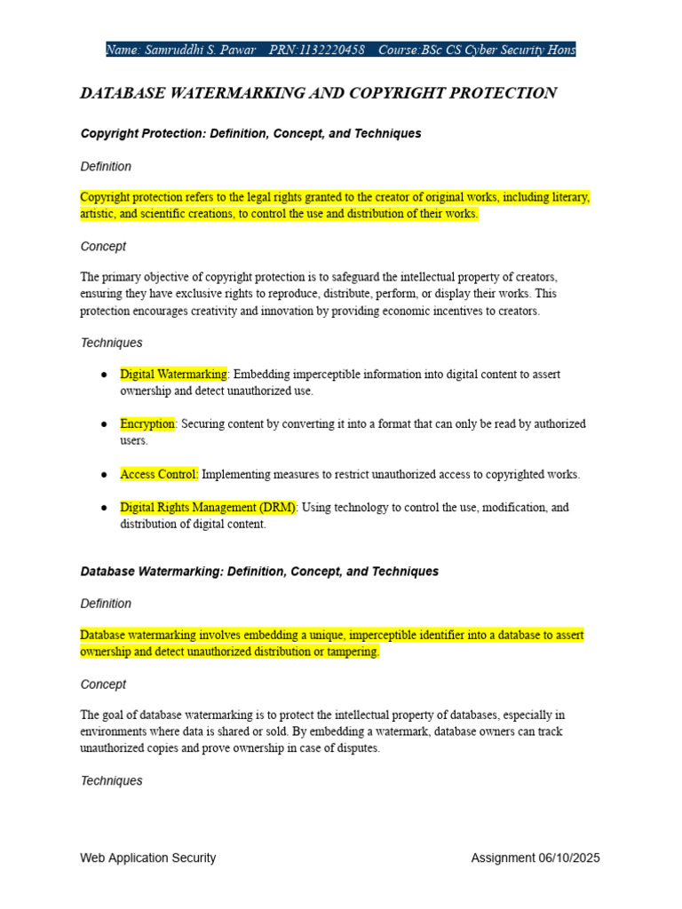 Assignment On Database Watermarking and Copyright Protection | PDF ...
