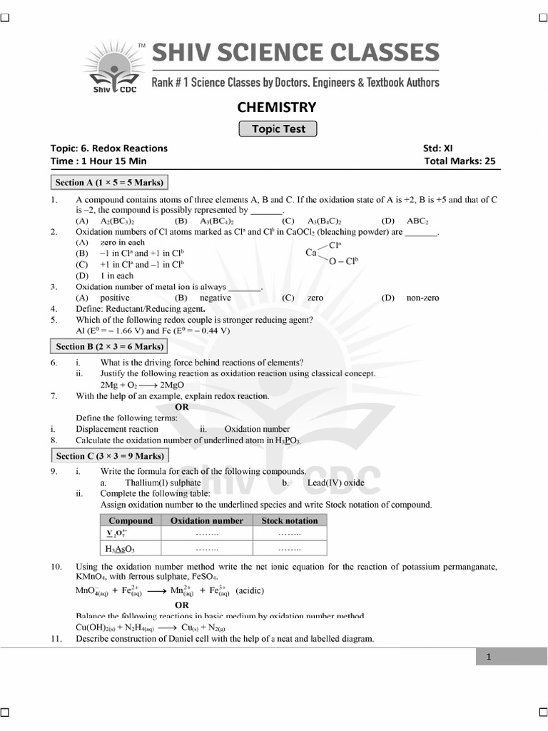 Chemistry CH - 6 Redox Reactions Set B QP | PDF