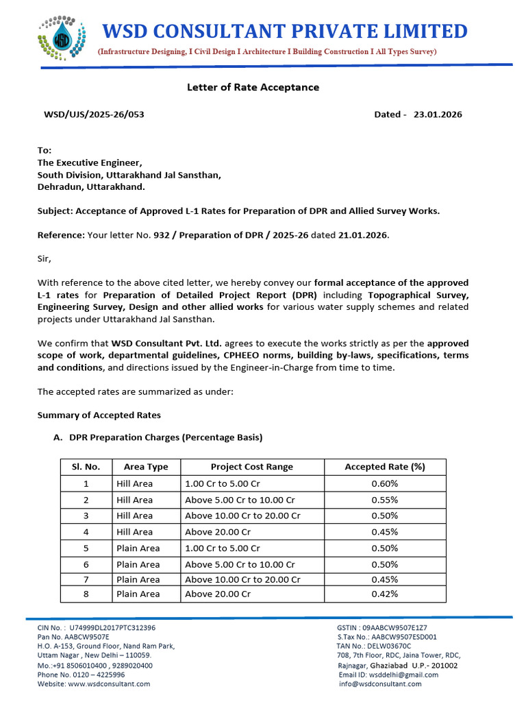 Rate Acceptation Letter For UJS Dehradun & Uttarakhand | PDF