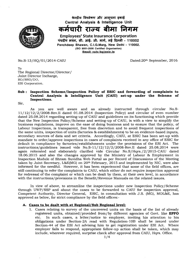 ESIC - New Inspection Policy Changes 2016 | PDF | Employment