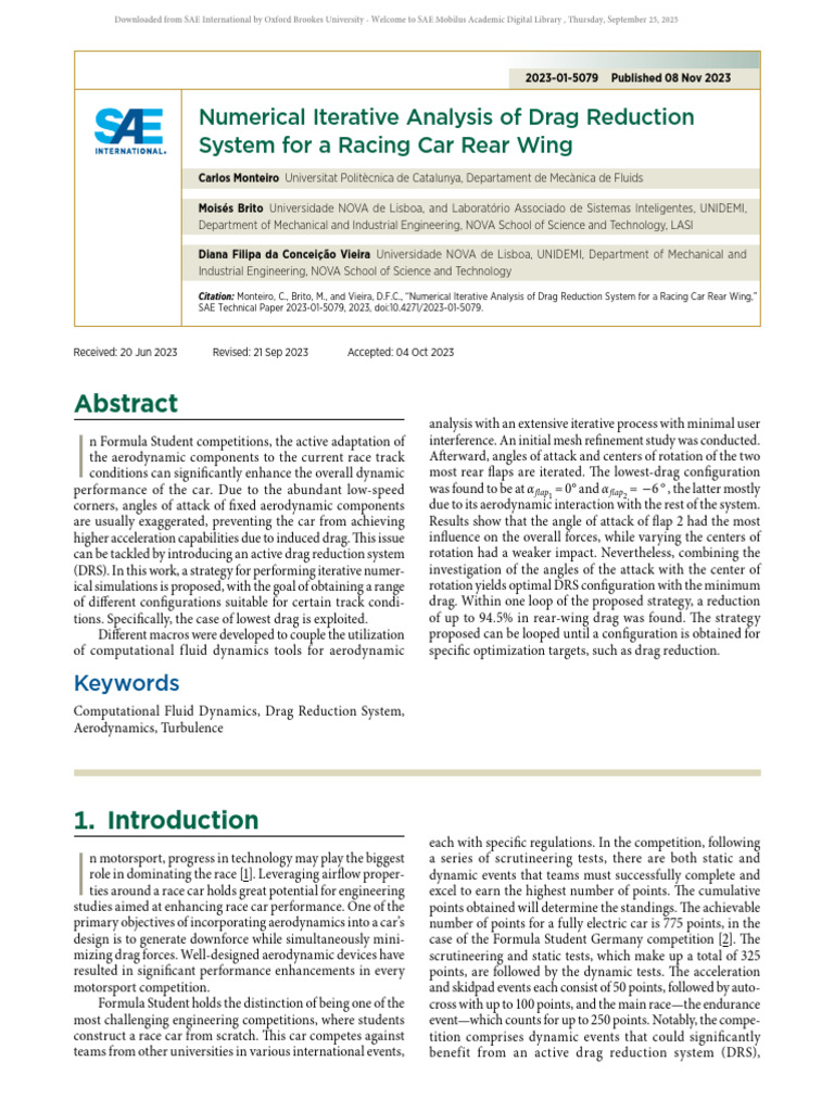 Numerical Iterative Analysis of Drag Reduction System For A Racing Car ...