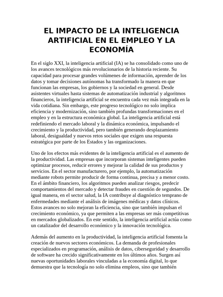 El Impacto de La Inteligencia Artificial en El Empleo y La Economía ...