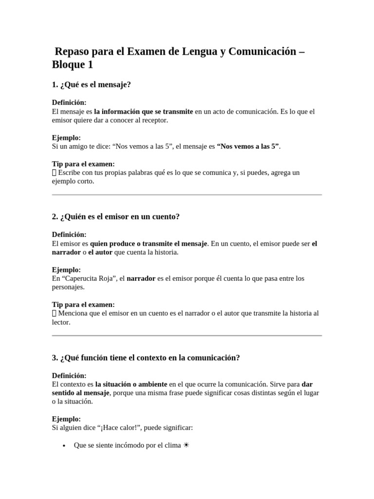 Repaso para El Examen de Lengua y Comunicación | PDF | Comunicación ...