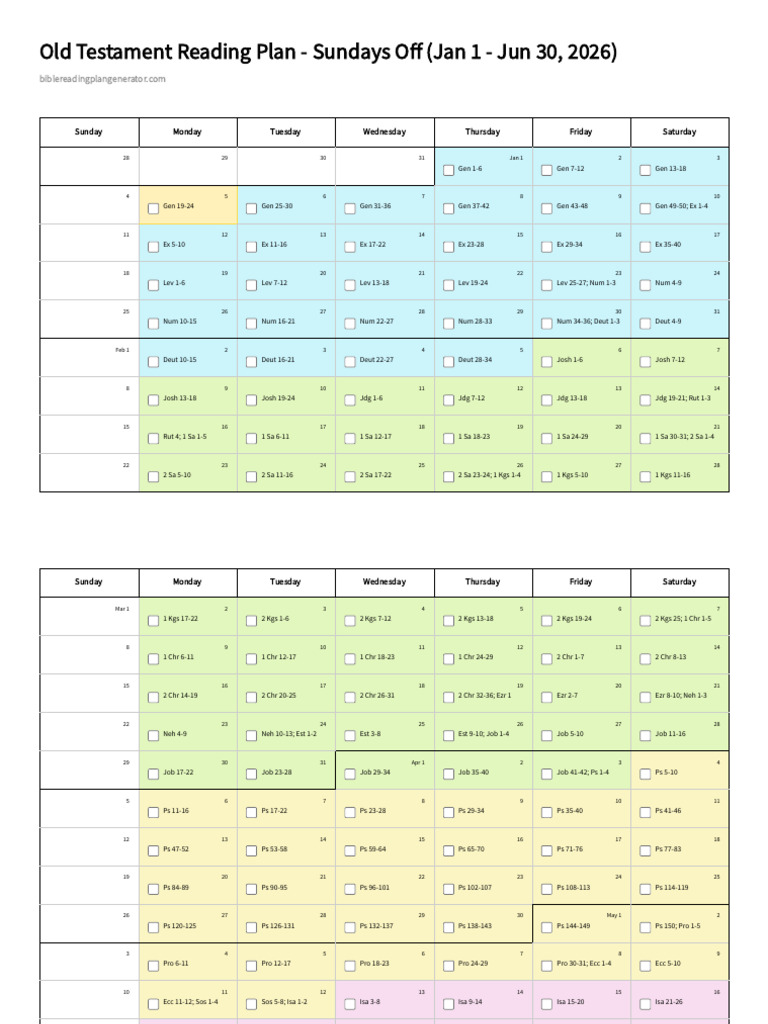 Old Testament Reading Plan - Sundays Off (Jan 1 - Jun 30, 202... | PDF