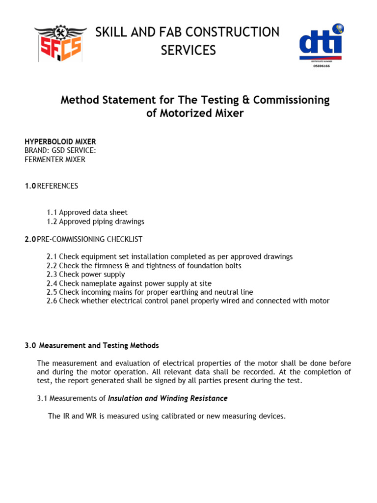Mixer Testing and Commissioning Methodology | PDF