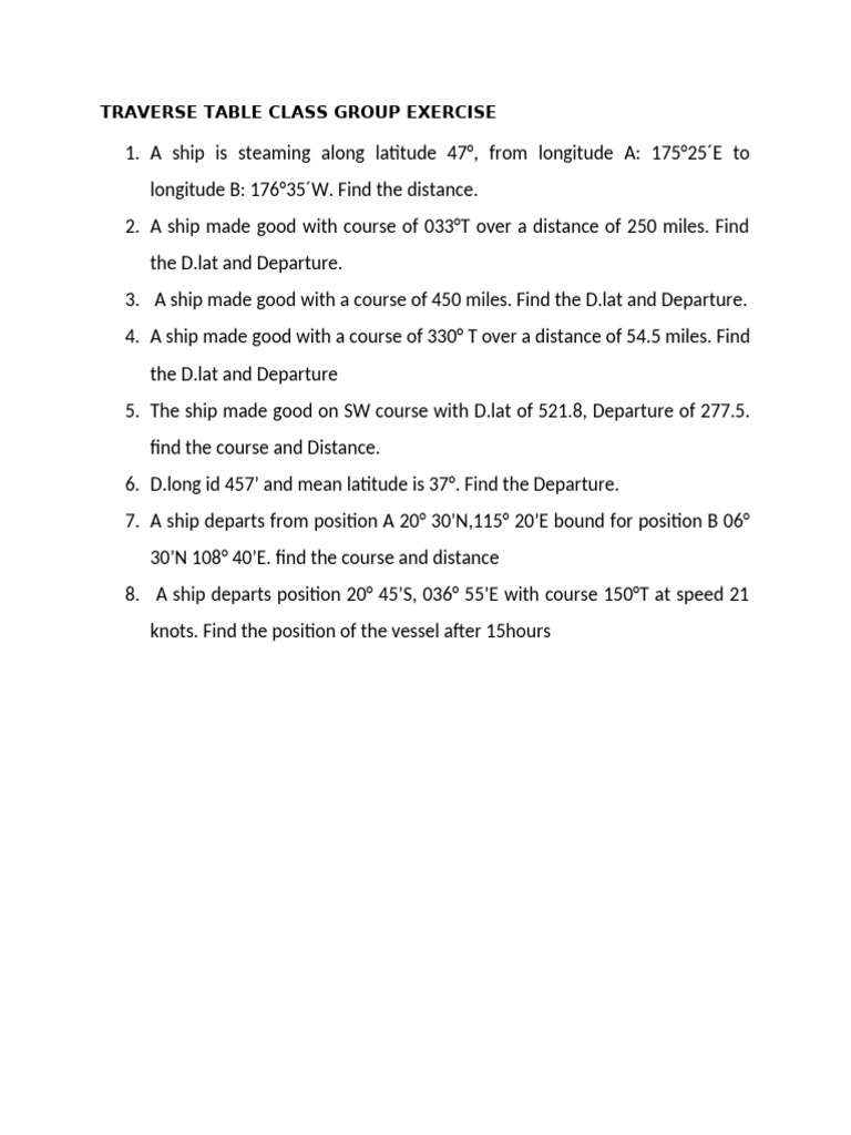 Traverse Table Class Group Exercise | PDF