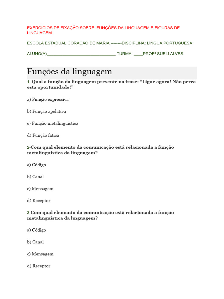 Exercícios de Fixação Sobre - Funções Da Linguagem e Figuras de ...
