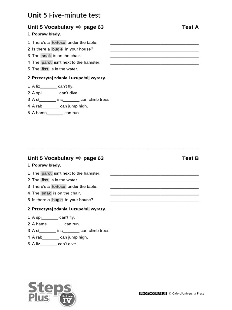 Steps Plus4 - Five Minute Test - Unit 5a | PDF | Birds | Organisms