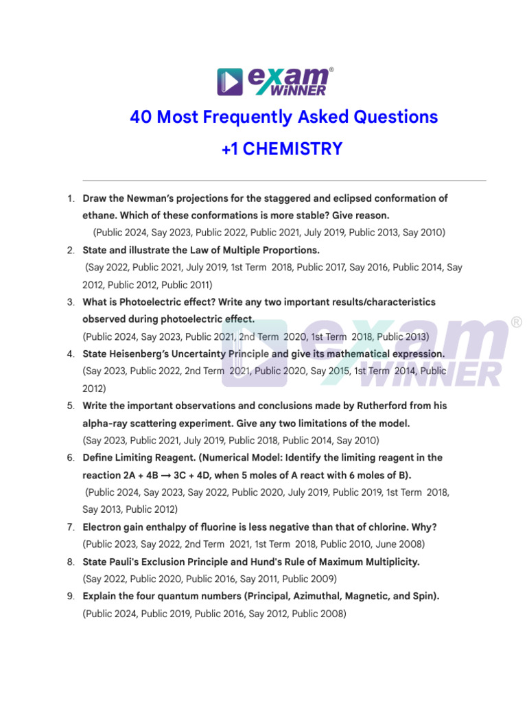 +1 Chemistry Exam Questions Analysis | PDF | Chemical Bond | Chemical ...
