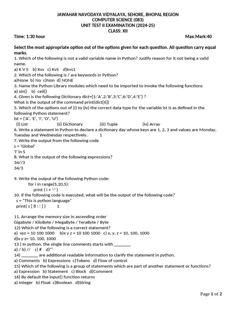 XII CS Special Test | PDF | Boolean Data Type | Computer Science
