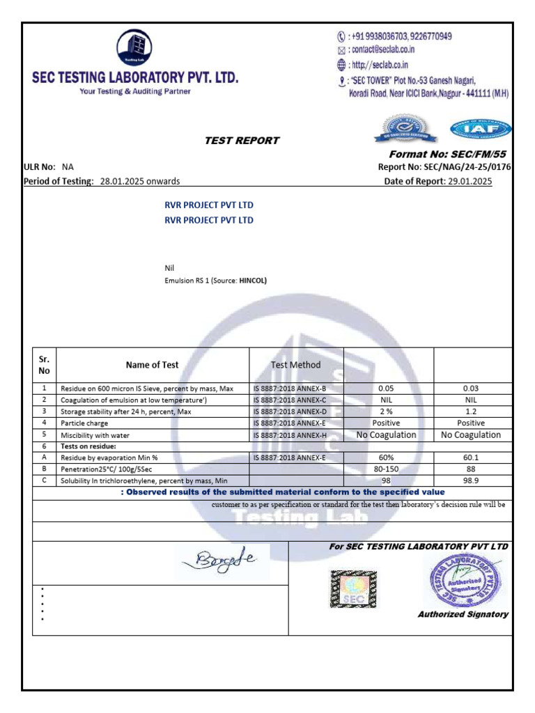 Emulsion RS-1 Test Report | PDF | Physical Sciences