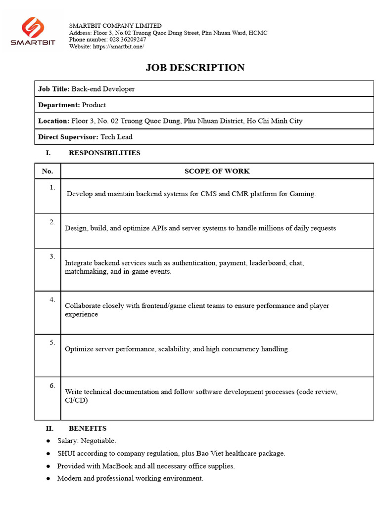 JD Backend Dev (Go) - Smartbit | PDF