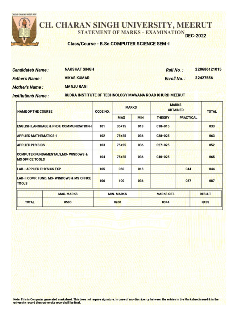 Mark Sheet | PDF | Physical Sciences