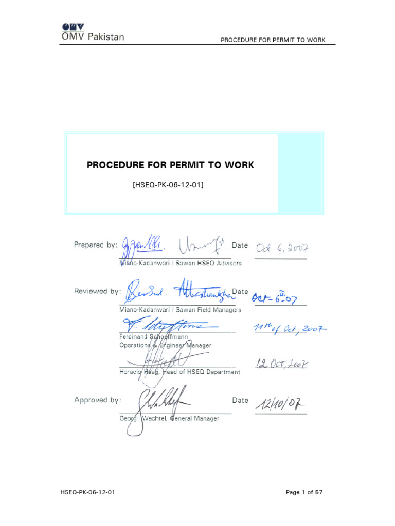 Procedure For Permit To Work | PDF | Occupational Safety And Health ...