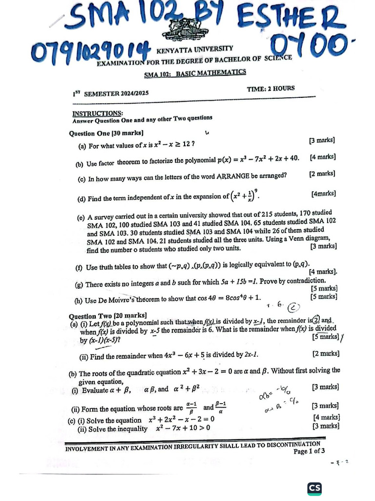 Sma 102 Papers - Esther Oyoo | PDF