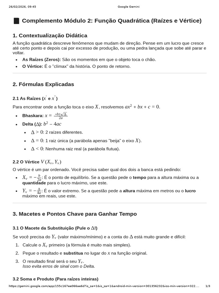 Complemento Módulo 2: Função Quadrática Raízes e Vértice | PDF ...