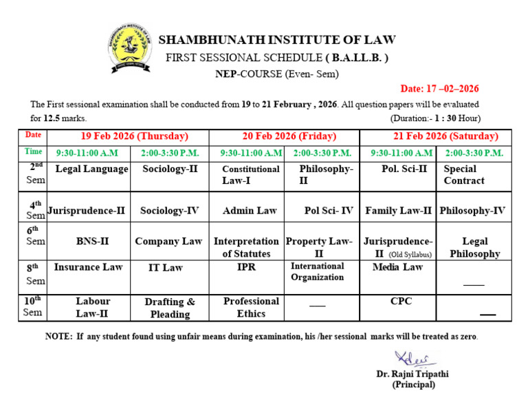 First Sessional Time Table (Even - Sem) | PDF