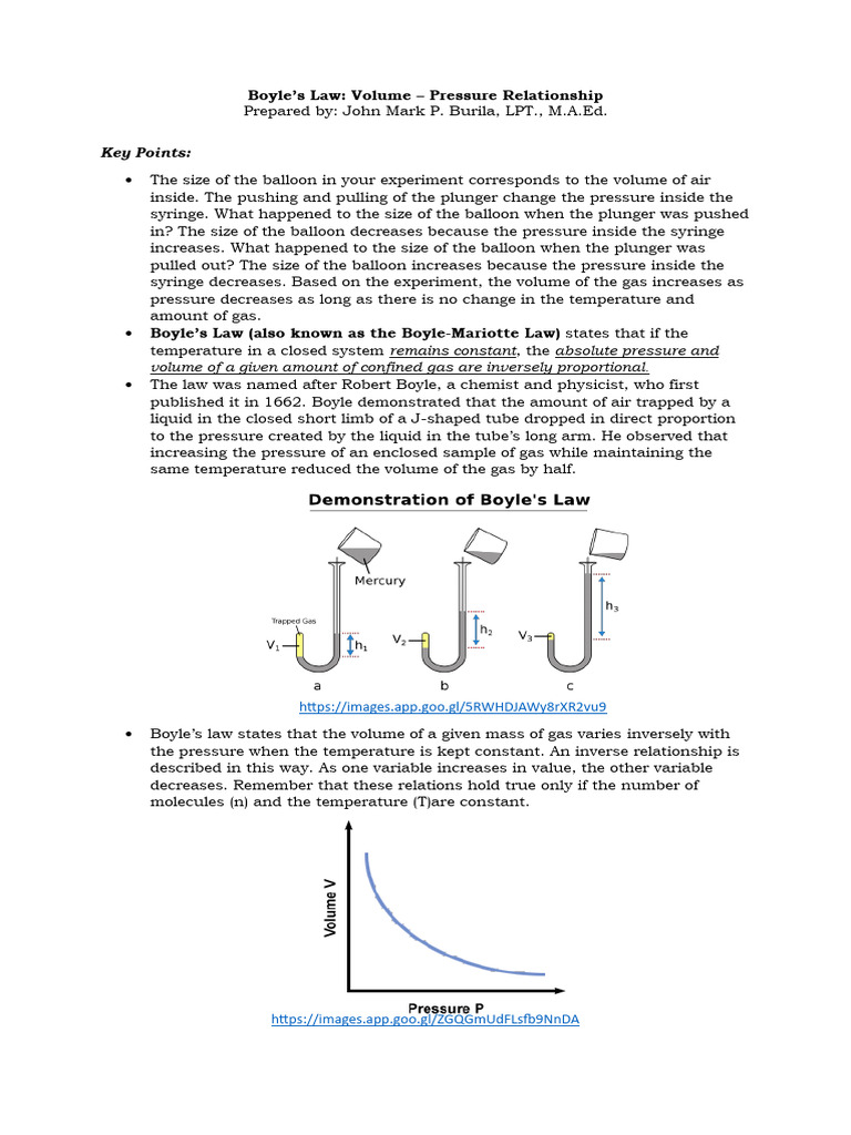Boyles Law Handout JMB | PDF | Gases | Pressure