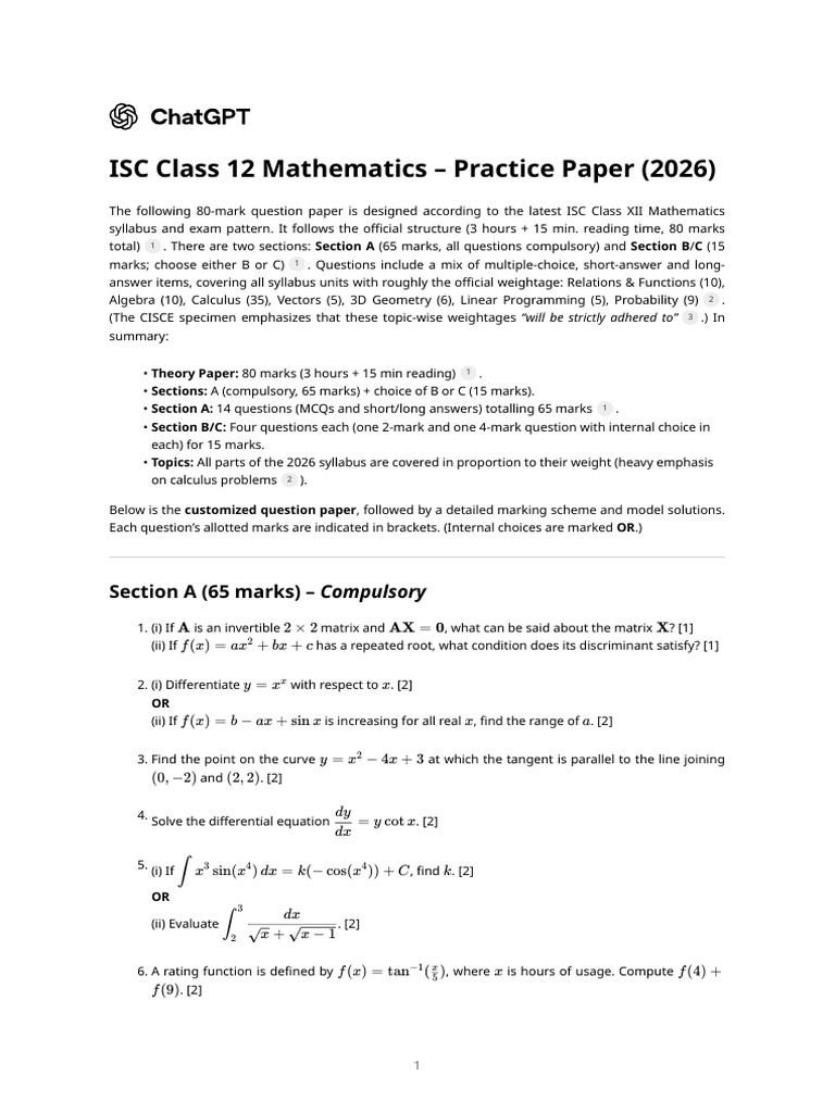ISC Class 12 Mathematics - Practice Paper (2026) | PDF | Algebra ...
