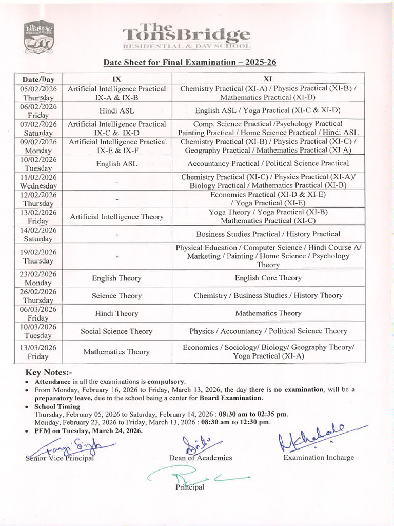 Date Sheet For Final Examination IX & XI 2025-26 | PDF