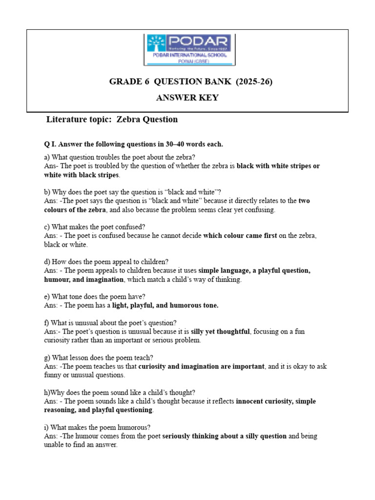 GR 6 - Zebra Question - Ans | PDF | Poetry | Question
