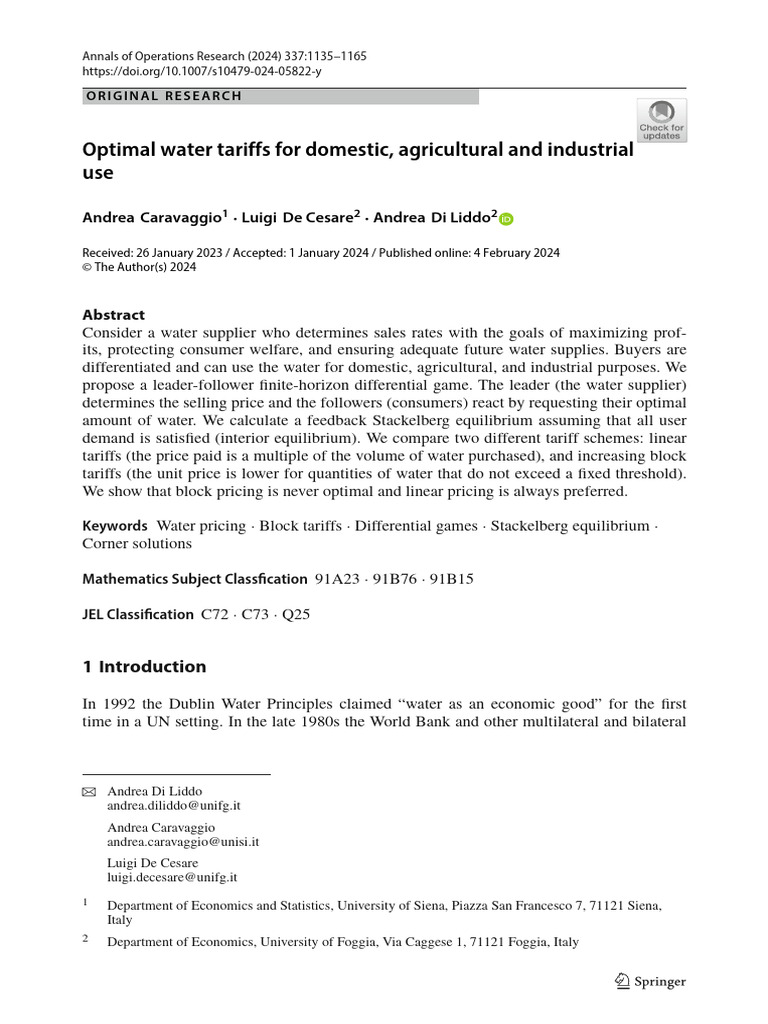 Optimal Water Tariffs For Domestic, Agricultural and Industrial | PDF ...