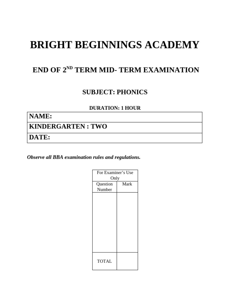 KG2 Phonics 2nd Term Midsem 2026 | PDF