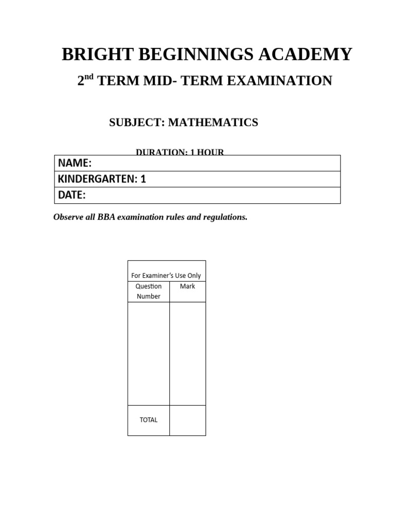 Mathematics Kg1 2nd Term Midterm 2026 | PDF