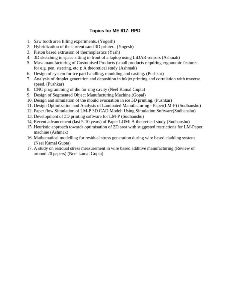 Topics For ME 617 - RPD | PDF