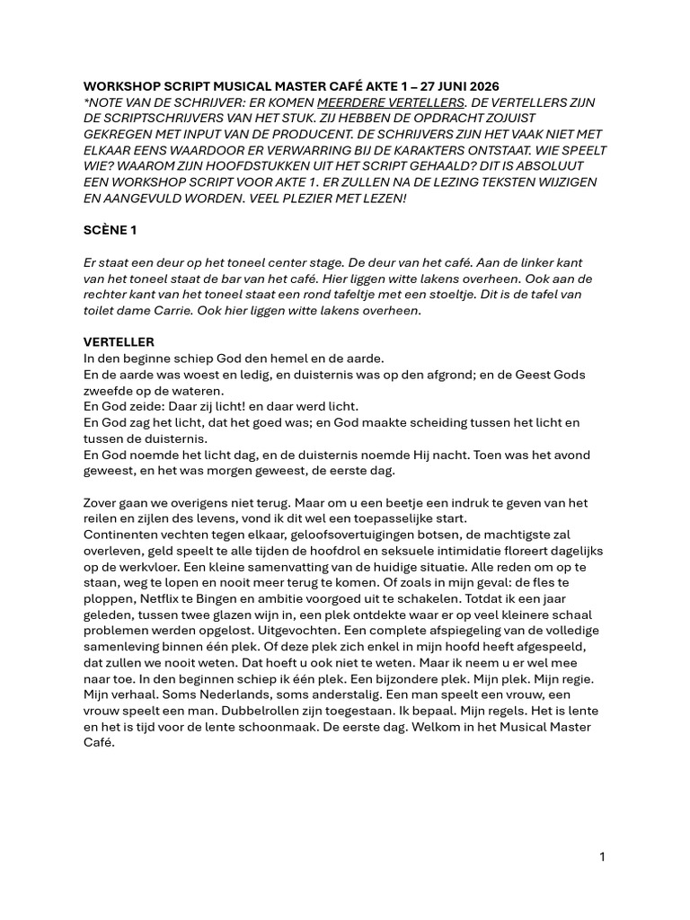 Workshop Script Musical Master Café Akte 1 - 27 Juni 2026 | PDF