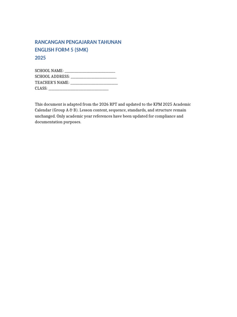RPT English Form 5 2025 KPM | PDF