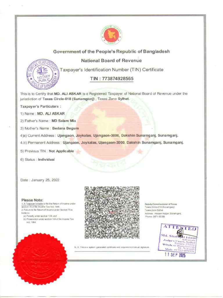 Tin Certificate and Tax Return | PDF