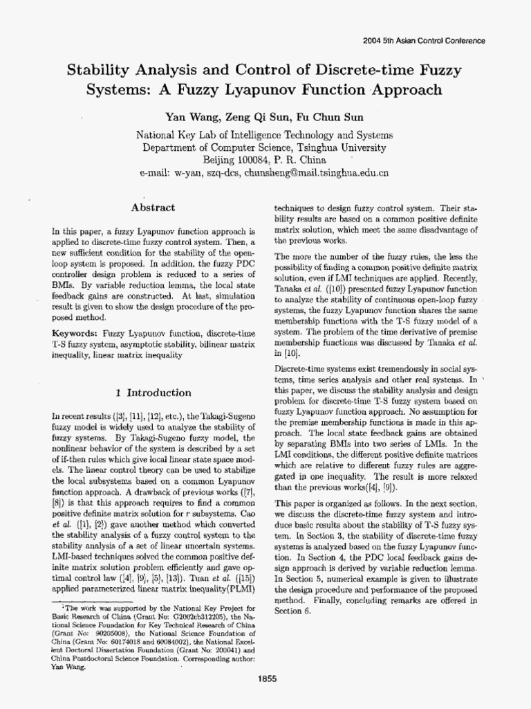 Stability Analysis and Control of Discrete-Time Fuzzy Systems A Fuzzy ...