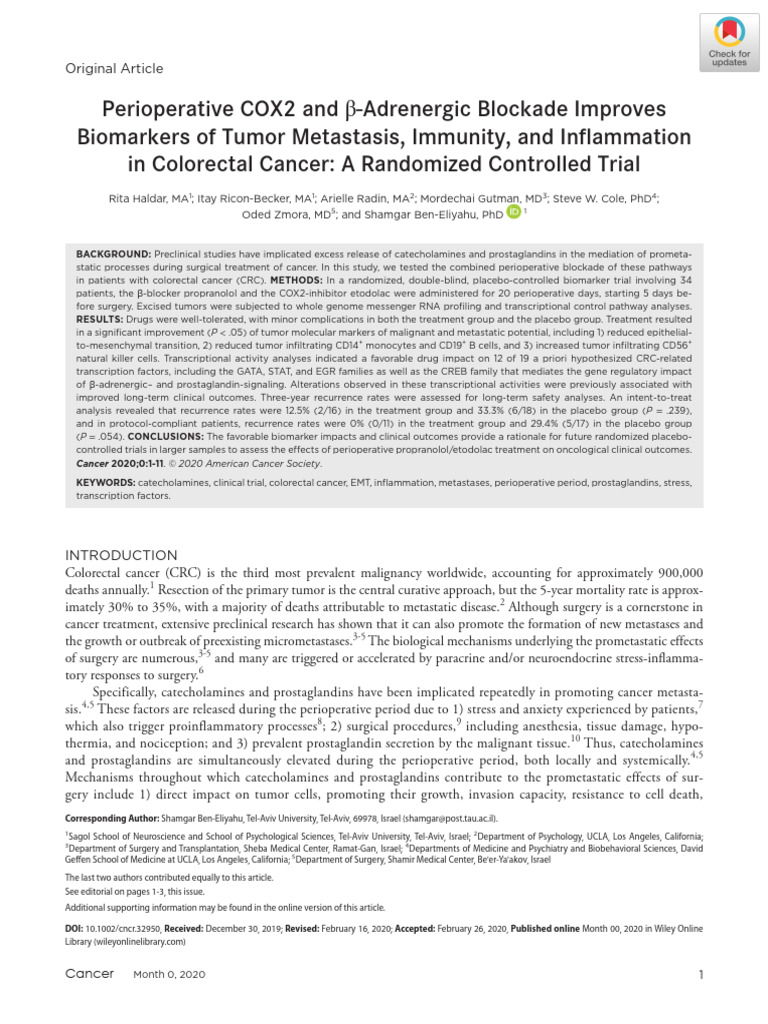 Perioperative COX2 and Β-Adrenergic Blockade Improves Biomarkers of ...