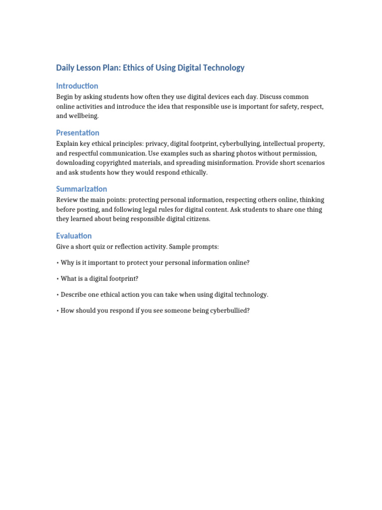 Daily Lesson Plan Digital Ethics | PDF