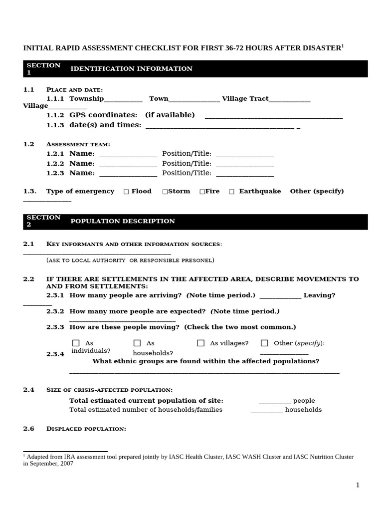 Initial Rapid Assessment Checklist | PDF | Toilet | Sanitation